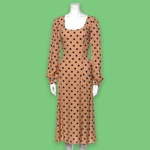 Reformation Tan Polka Dot Long Sleeve Midi Dress